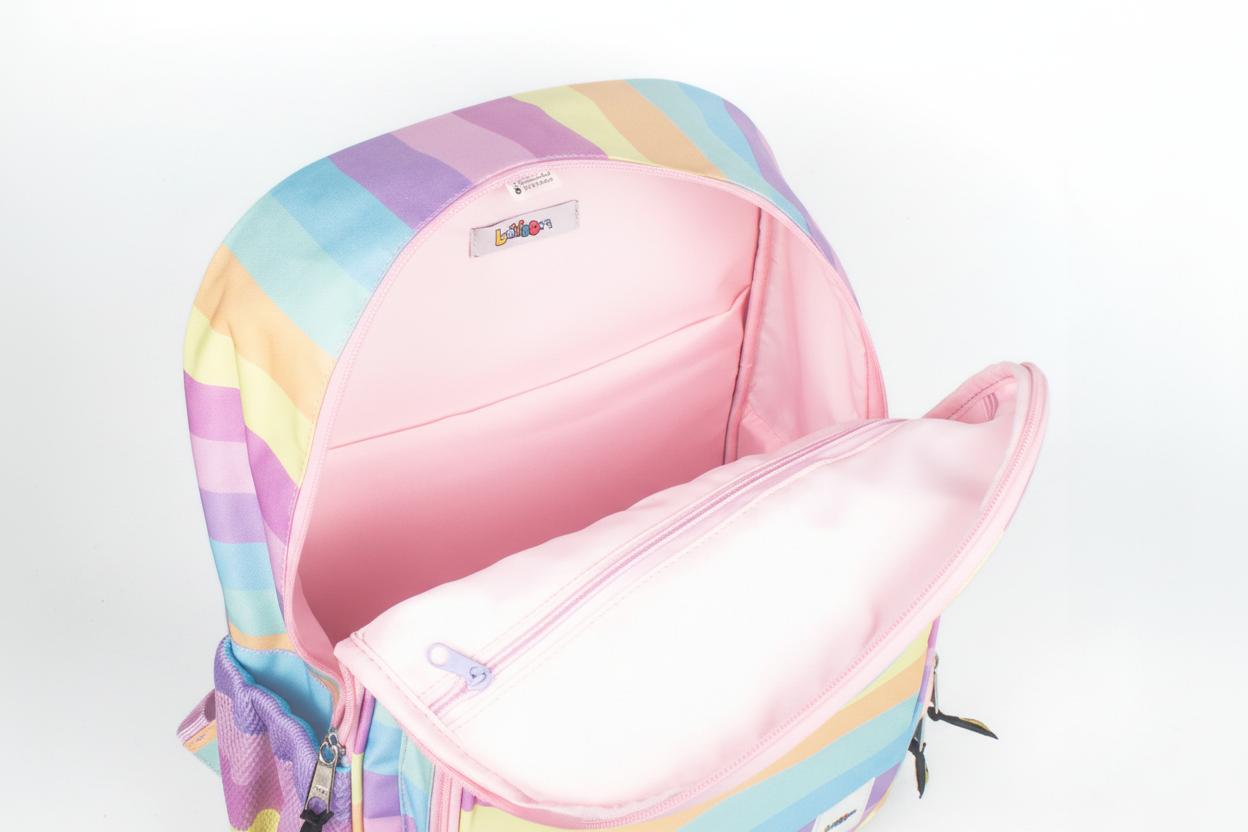 Mochila Maxi Bavoom Arco Íris Candy - interior com forro rosa
