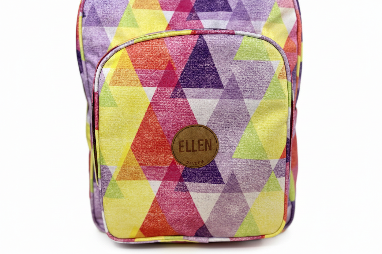 Mochila Maxi Bavoom Prisma Primavera - detalhe logo ELLEN em madeira