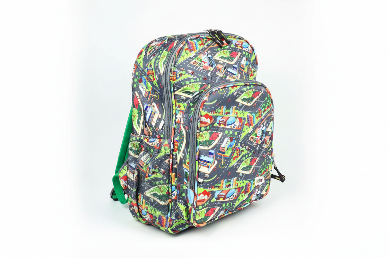 Mochila Maxi Bavoom Cidades - vista lateral com estampa de mapa urbano