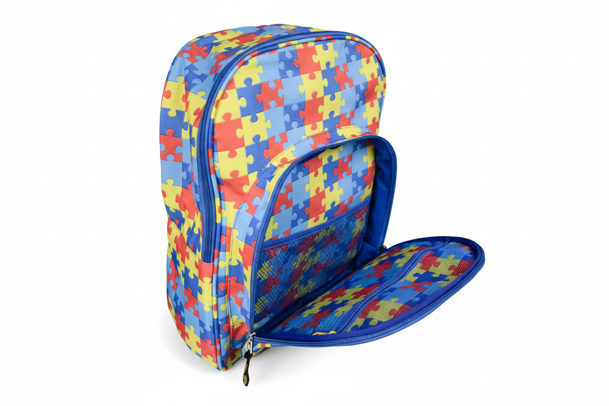 Mochila Maxi Bavoom Autismo - vista lateral com bolso mesh