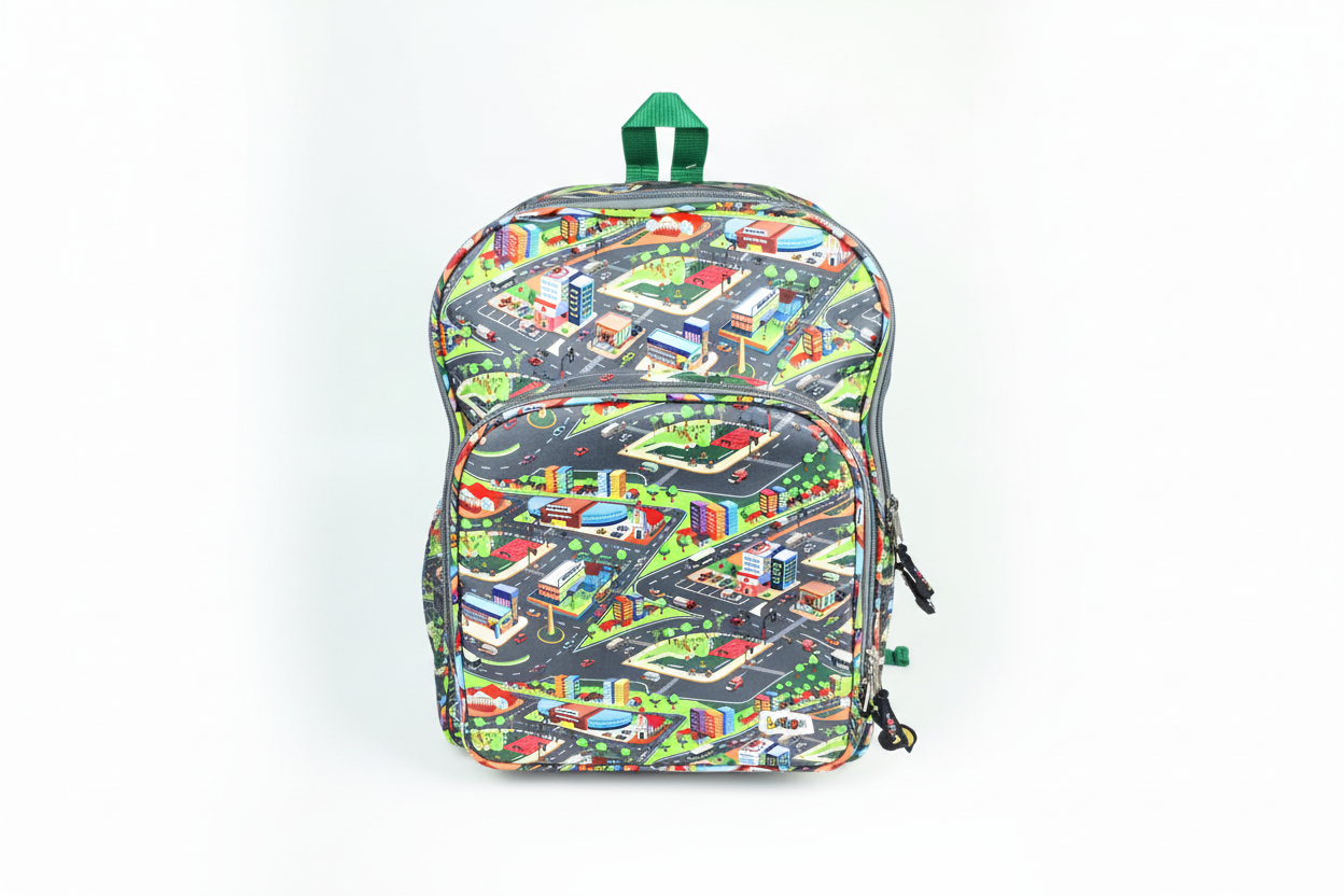 Mochila Maxi Bavoom Cidades - frente com estampa de cidade e alça verde