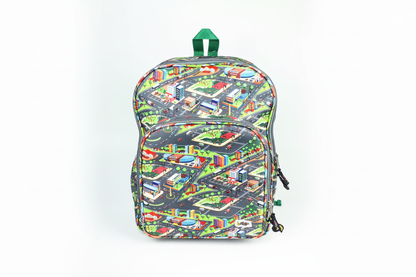 Mochila Maxi Bavoom Cidades - frente com estampa de cidade e alça verde