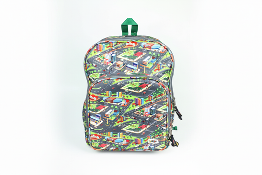 Mochila Maxi Bavoom Cidades - frente com estampa de cidade e alça verde