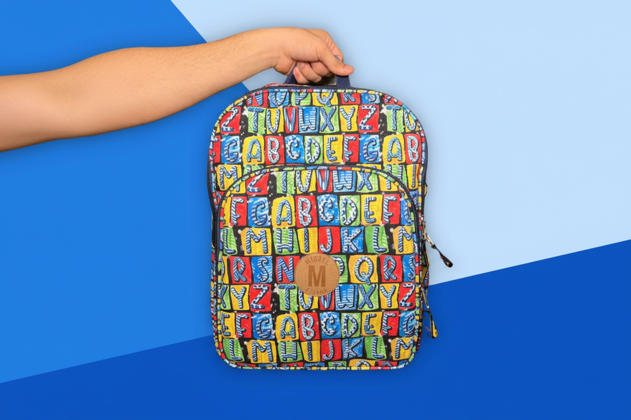 Mochila ABC Vibrante - vista completa em fundo azul