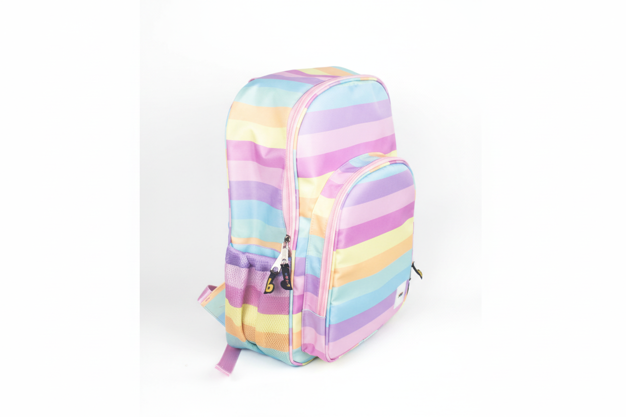 Mochila Maxi Bavoom Arco Íris Candy - vista lateral com bolso mesh