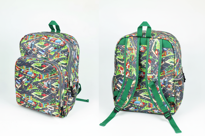 Mochila Maxi Bavoom Cidades - vista traseira com alças verdes ajustáveis