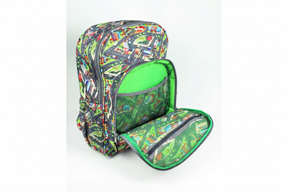 Mochila Maxi Bavoom Cidades - compartimentos internos com forro verde e bolso mesh