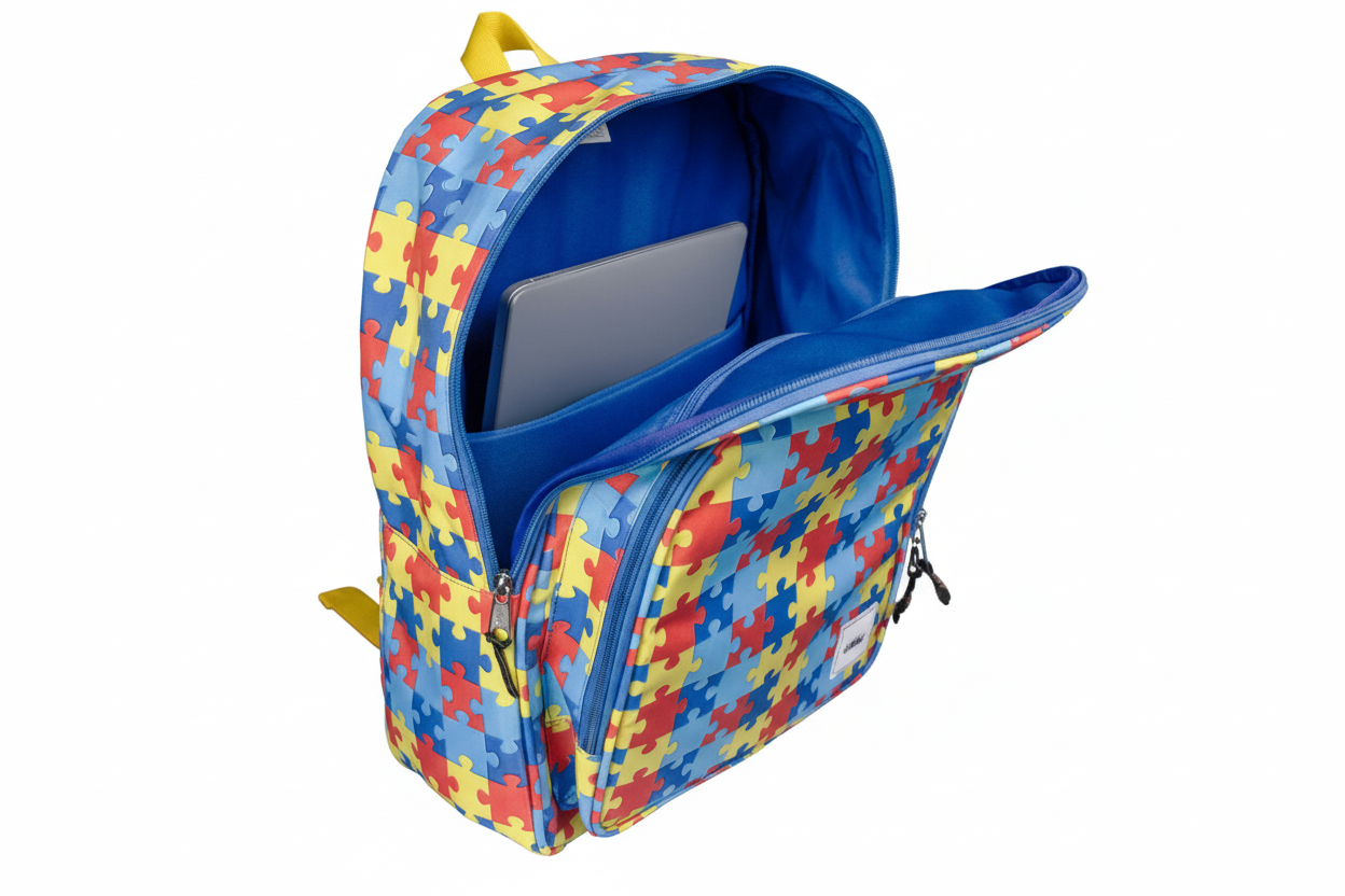 Mochila Maxi Bavoom Autismo - frente com alça superior amarela