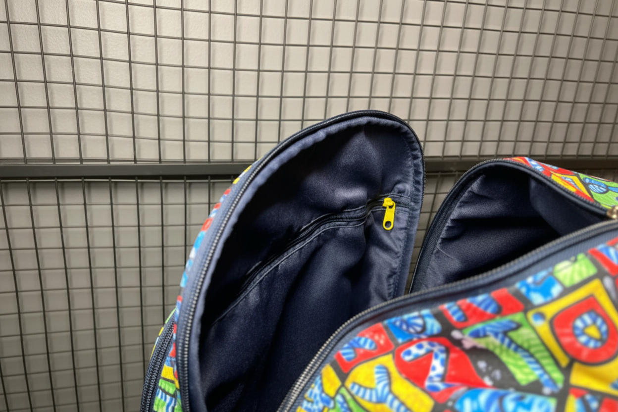 Mochila ABC Vibrante - compartimentos internos com zíper amarelo