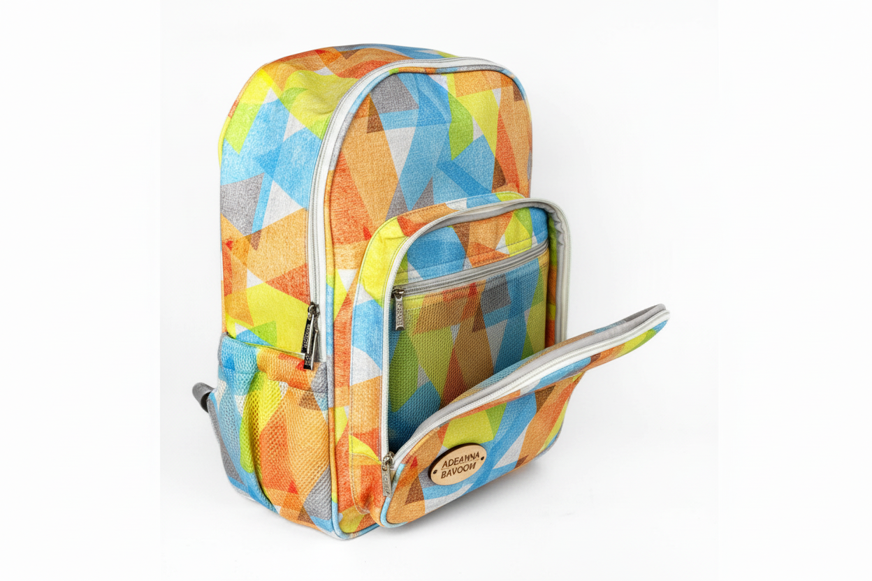 Mochila Maxi Bavoom Prisma Verão - frente com logo ADEANNA em madeira